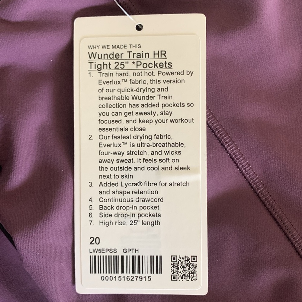 NWT Lululemon Wunder Train HR Tight 25” Pockets 20 Grape Thistle - Picture 6 of 6
